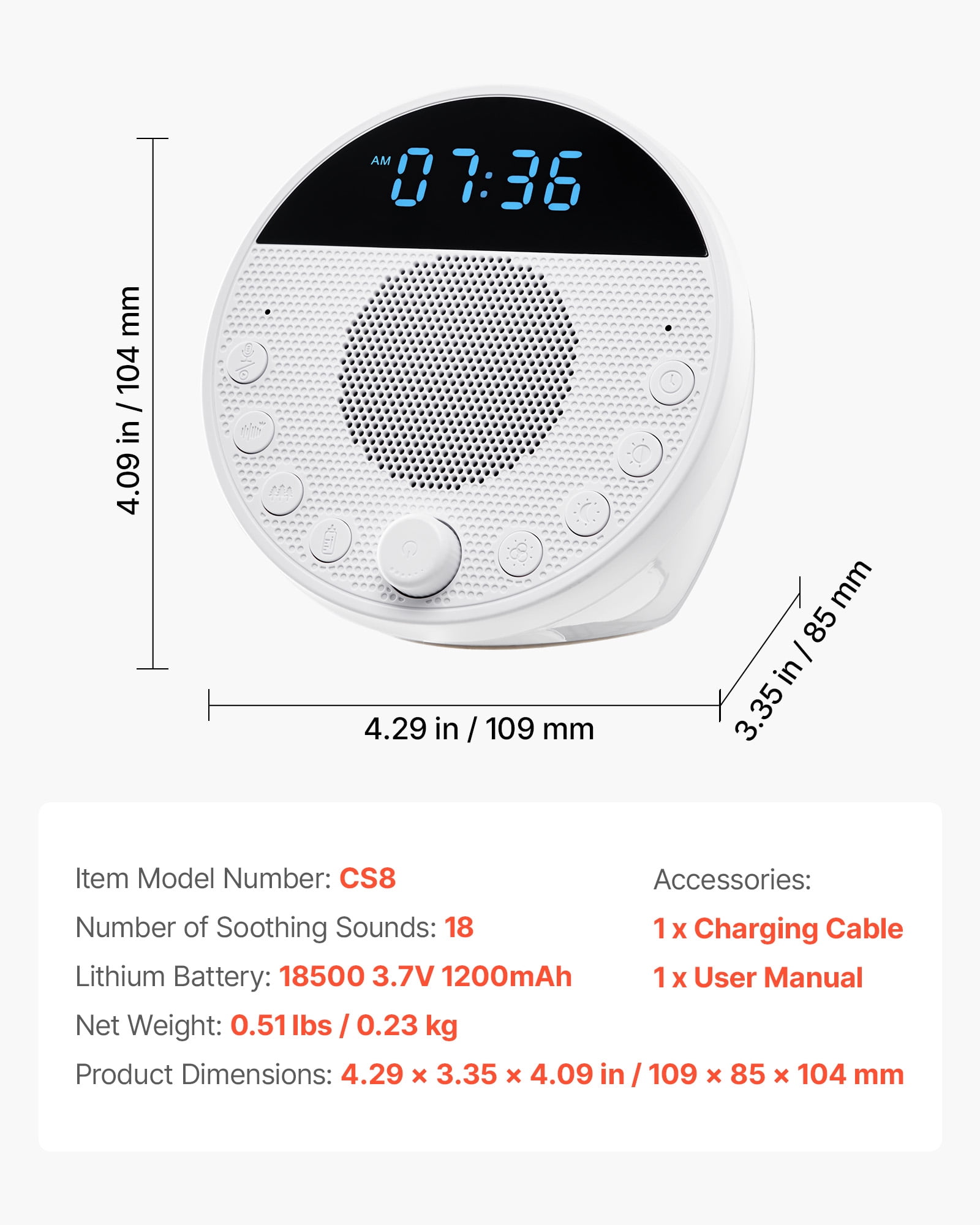 VEVOR Sound Machine, 18 Soothing Sleep Sounds and 7-Color Night Light, 5-in-1 White Noise Sound Machine with Dual Alarms, Auto-Off Timer and Memory Function, for Baby, Adults, Home, Office & Travel