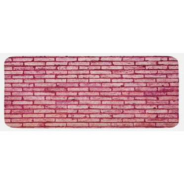 Coral Kitchen Mat, Old Brick Wall Texture Image Rubble Rough Grunge Facade Construction Material Tile, Plush Decorative Kitchen Mat with Non Slip Backing, 47" X 19", Pink Magenta, by Ambesonne