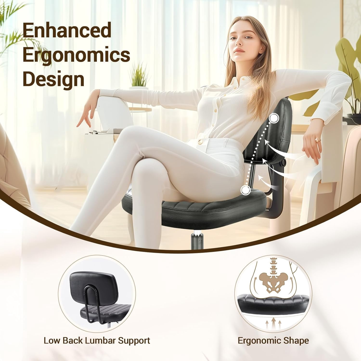 QUIOCOZY Home Office Desk Chair with Low Back and Wheels PU Leather Computer Chair Ergonomic Adjustable Height Comfy Chair Armless with Swivel Rolling Vanity Chairs for Bedroom Adult Black