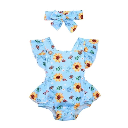 

YWDJ 0-24months Infant Girls Summer Sleeveless Infant Sunflower Print Romper + Headband Light blue 90