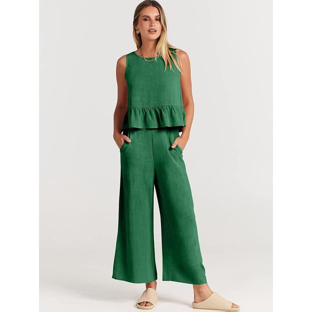 JUNWELL Women‘s New Summer Suit Solid Color Casual Sleeveless Pleated Round Neck Vest Button Wide Leg Nine-point Pants Two-piece Set