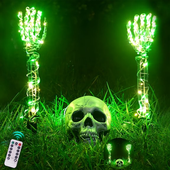 Skeleton Arm & Skull Outdoor Decor, 3-Pack 45" Halloween Garden Stakes with 8 Lighting Modes & Timer, Waterproof Battery Powered for Indoor/Scary Yard