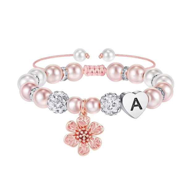 Pulseras con Iniciales de Cuentas MONOOC Perla Rosa Con Corazón de Estrás