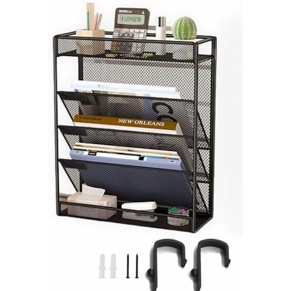 5 Tier Mesh Wall File Organizer,3 Pockets vertical Mount Hanging Organizer with Top/Bottom Tray | 2 Hooks | Wall Mount & Door Hanging for Office Home$$Office
