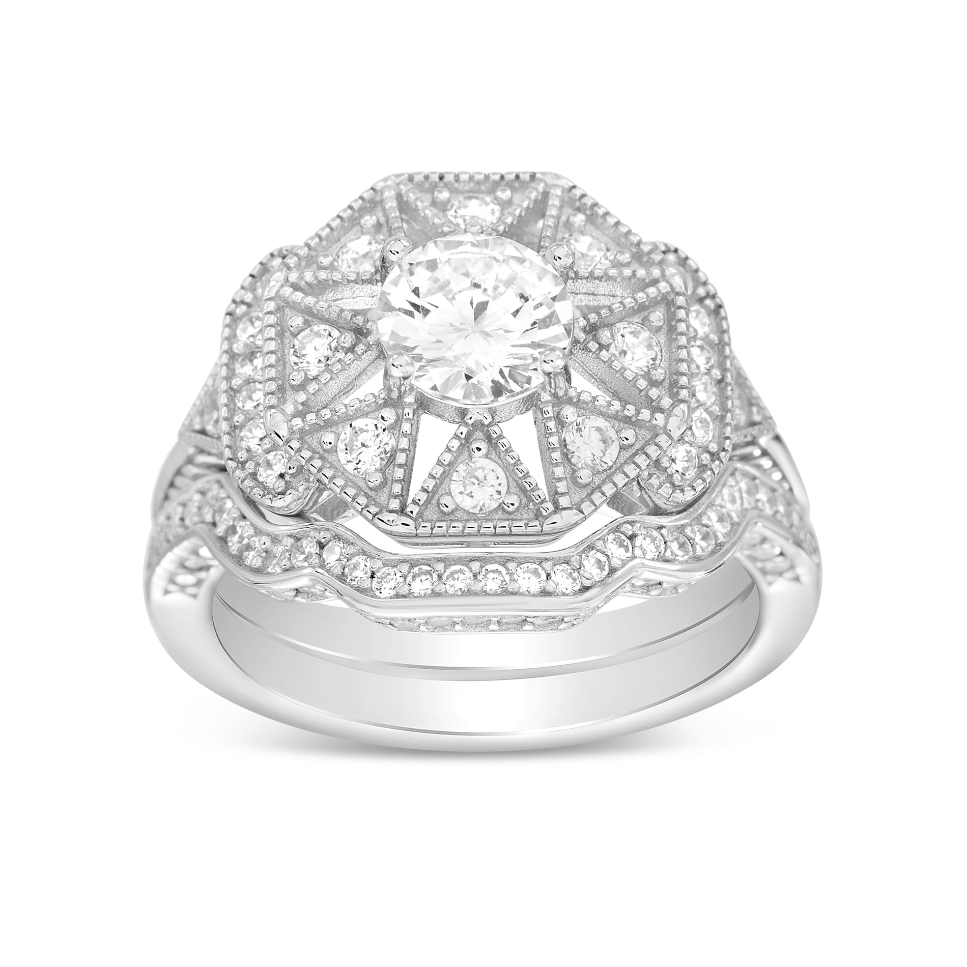 Fine 925 Sterling Silver Vintage Victorian Art Deco Engagement Ring Set Diamond 