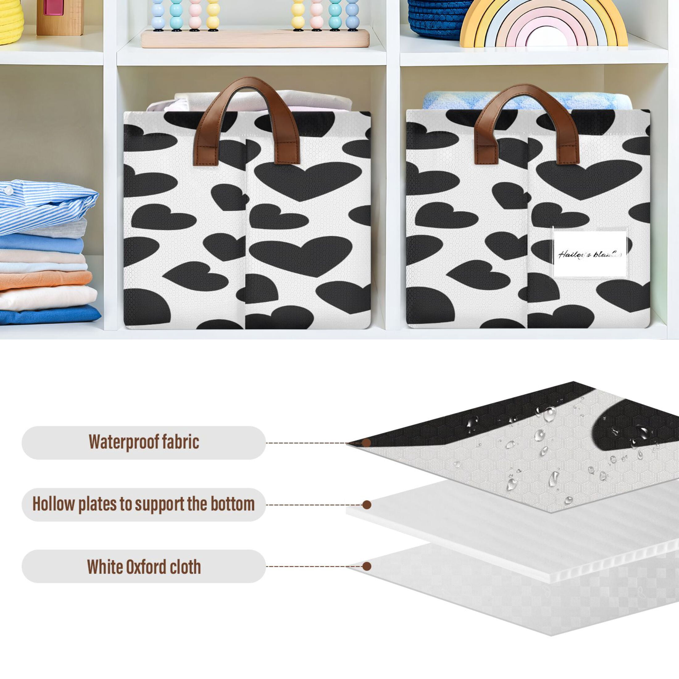 Ryvnso Black Heart Pattern Storage Bins Large Basket Foldable Cube Toys Organizer with Handles 2 PCs