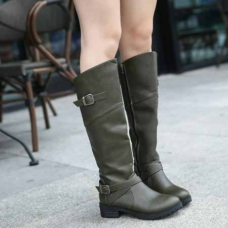 

Cowgirl Knee-High Riding Boots Women PU Leather Low Heel Warm Coldproof Booties New