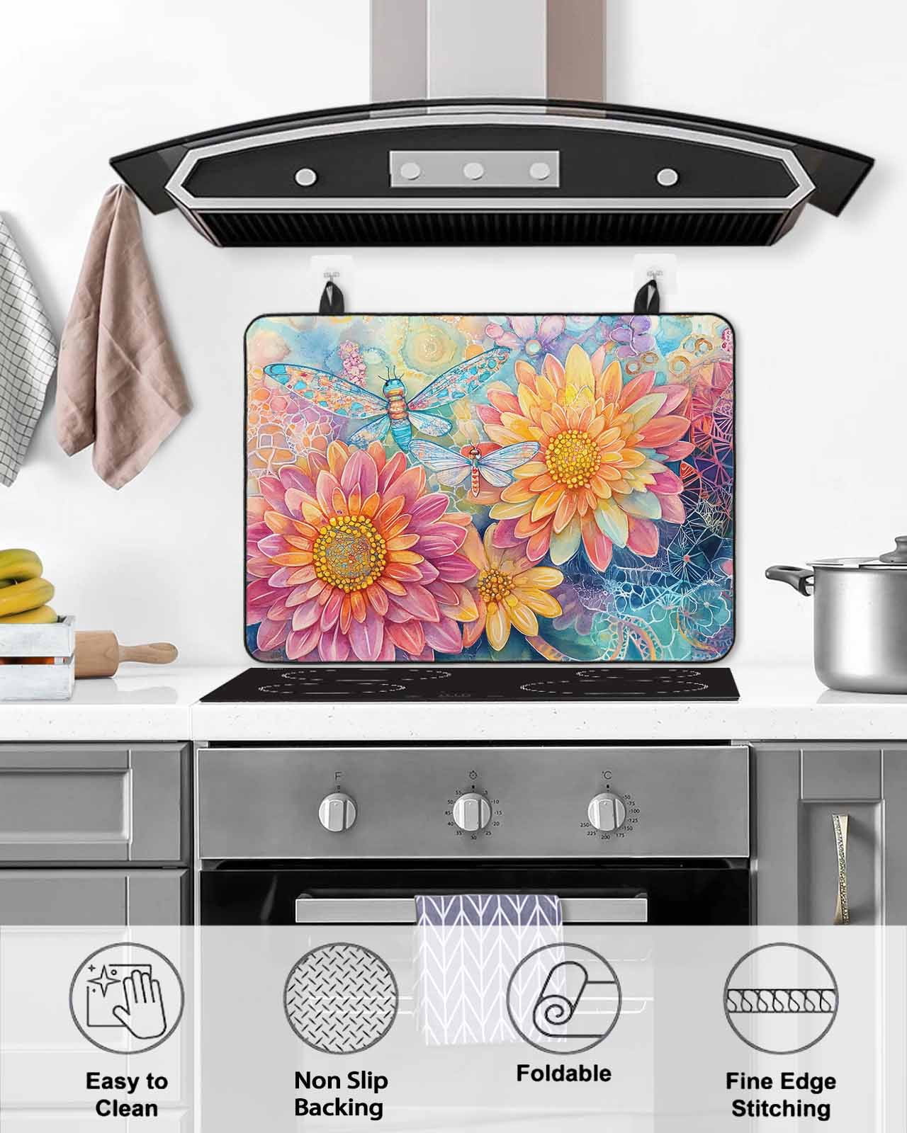 nqOlkjepod Large Induction Cooktop Protector Mat 36"x21", Pink Yellow Spring Floral Stove Top Covers for Electric Stove, Summer Flowers Dragonfly Watercolor Stove Burner Cover Mats Stove Cover