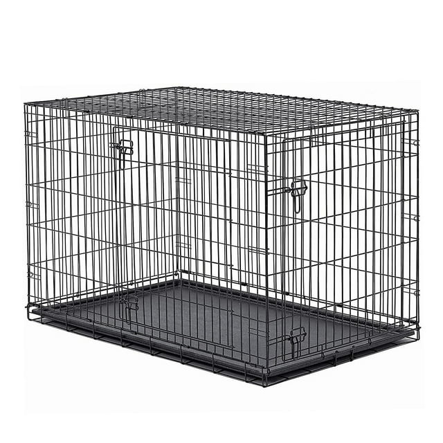 jaula de metal plegable para perros, jaula pequeña negra 3/4 frontal con puerta única, estructura de alambre rectangular, bandeja compuesta extraíble y perno deslizante para cierre seguro; plegable de configuración rápida, apta para mascotas de 40 a 70 libras y adecuada para transporte.
