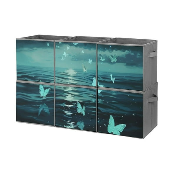 Collapsible Oxford Fabric Storage Cubes with Handles, Large Mid Foldable Oxford Cloth Bins Set of 2/6, Closet Organizers for Shelves Clothes Home Kitchen Toy - Butterfly Ocean