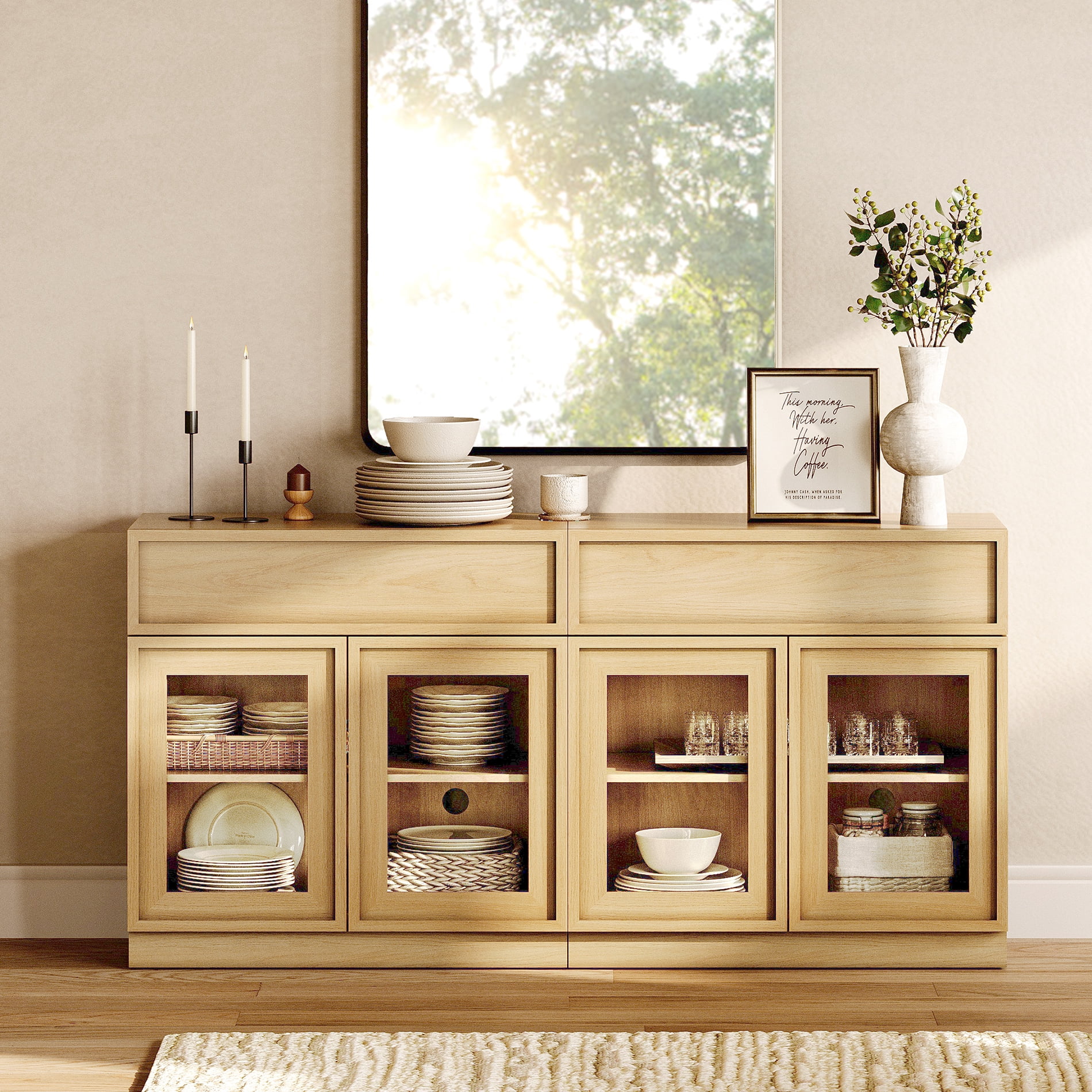 63" Modern Sideboard Buffet Cabinet with 4 Glass Doors and Drawers, Multifunctional Sideboard with Large Storage and Adjustable Shelf, Oak