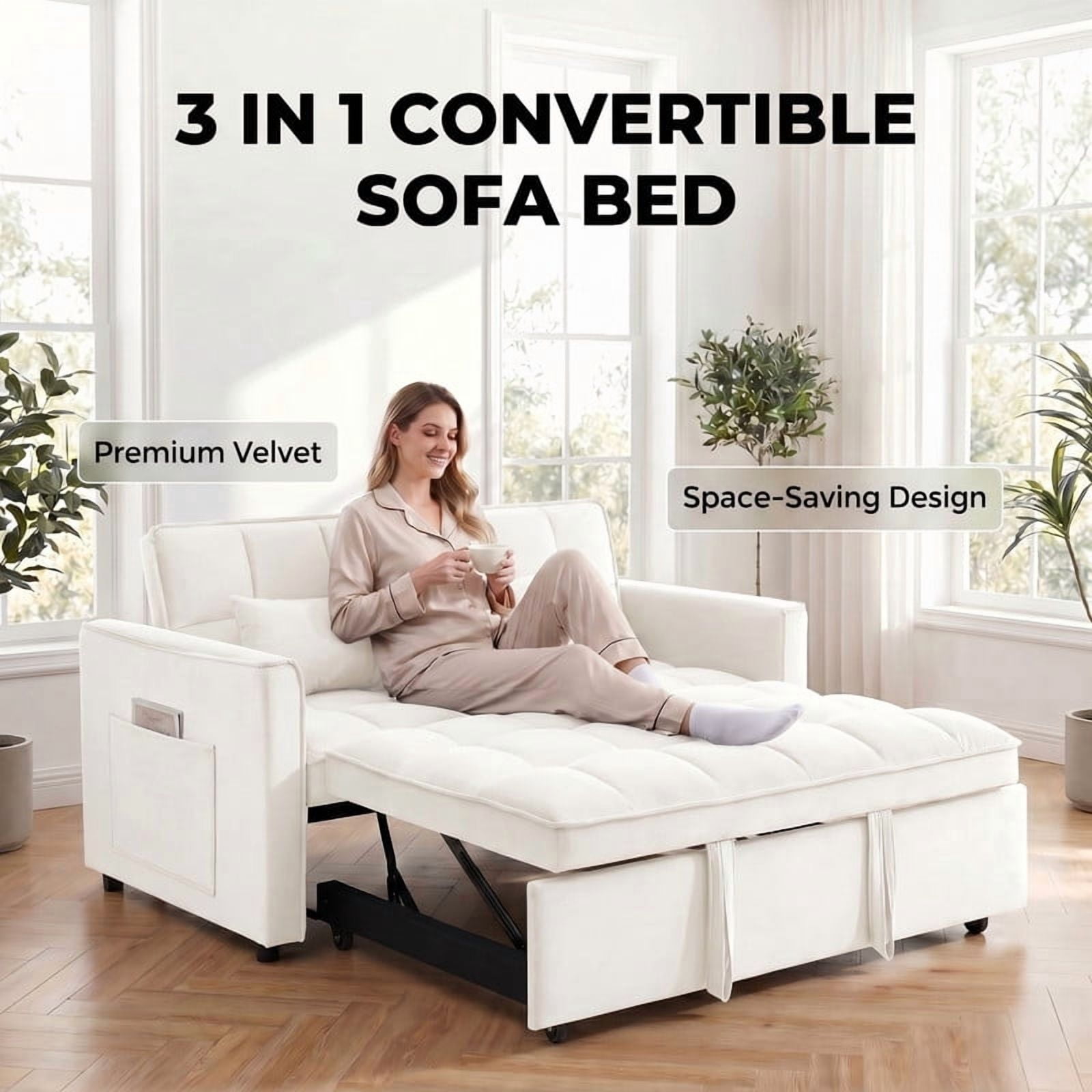 Gewnee 55" Sofa Bed, Convertible Sleeper Sofa & Pull Out Couch, 3-in-1 Velvet Loveseat with Adjustable Backrest and Storage Pocket, Beige
