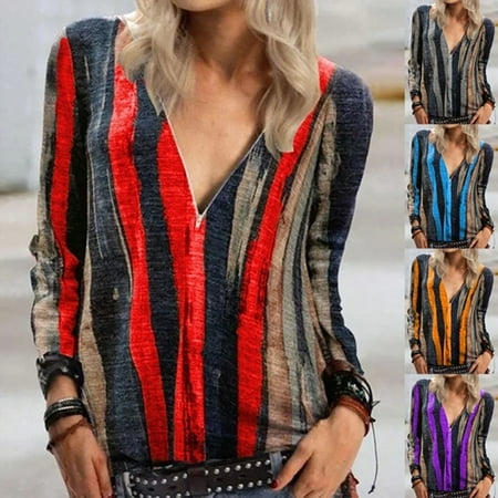 

Taluosi Autumn Women Long Sleeve Zip Neckline Vertical Stripes Tie Dye Blouse T-shirt