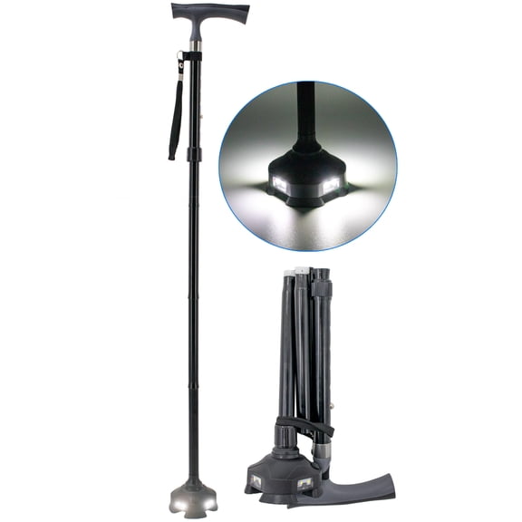 Folding Walking Cane with 8 LED Lights - Adjustable Height for Men, Women, Seniors - Self Standing Folding Posture Support Cane, Portable Collapsible Cane, Comfortable and Lightweight - Black