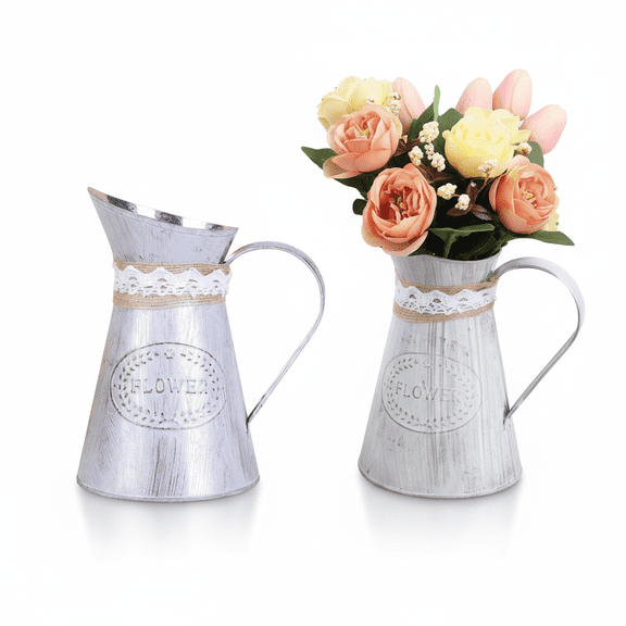 Vintage Galvanized Iron Flower Vase with Rope Accents,Elegant Farmhouse Decorative Pitcher for Garden and Indoor Use,Rustic Wedding and Home Office Decor-1PC
