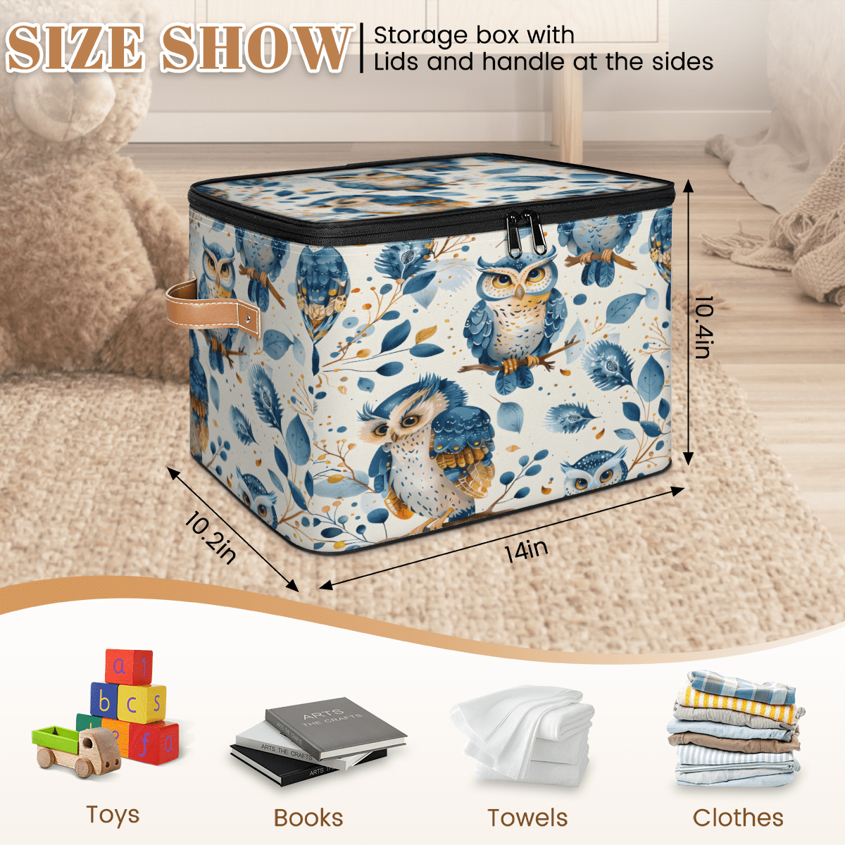 ADECORIVY Cute Owl Storage Bin with Lid Fabric Leaves Blue Foldable Storage Baskets Boxes for Clothes Shelves Closet Organizer Containers with Leather Handles for Wardrobe
