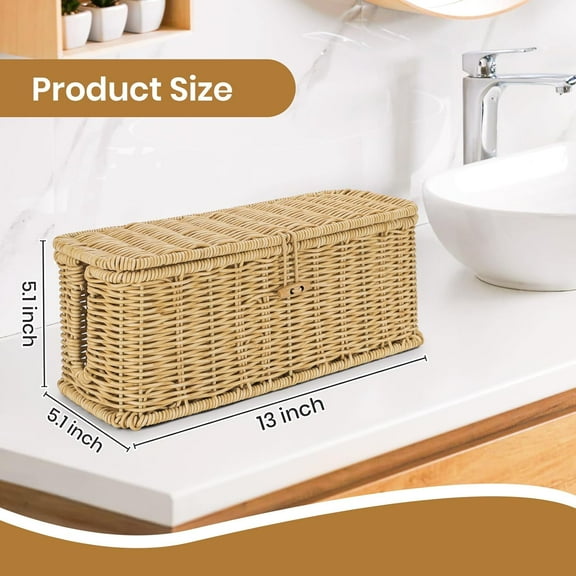 Wicker Storage Basket With Lid, Toilet Paper Holder, Tampon & Pad Organizer, Rectangular Kitchen & Bathroom Storage Box