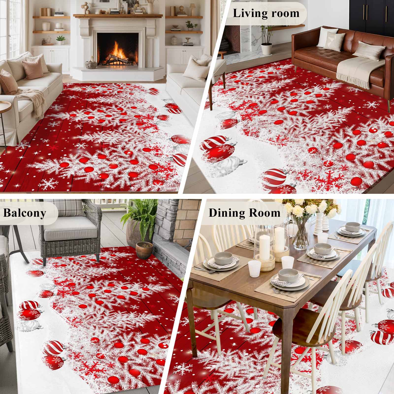 6x9 Area Rugs for Living Room, Red Christmas Non Slip Area Rugs for Kitchen Bedroom Entryway, Snowflake Xmas Tree Ball Wooden Winter Washable Carpet Runner Rug Floor Mats for Bedroom Home Decor