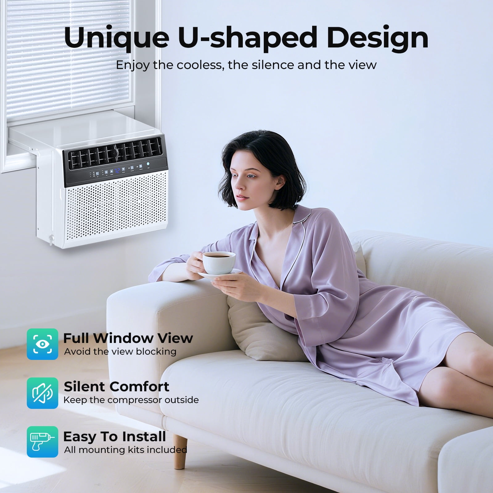 12000 BTU U-Shaped Window Air Conditioner Unit Cools up to 550 Sq.Ft. with 6 Modes 24H TimerUltra Quiet Window AC Units with Full Window ViewEnergy SavingEasy to InstallWhite