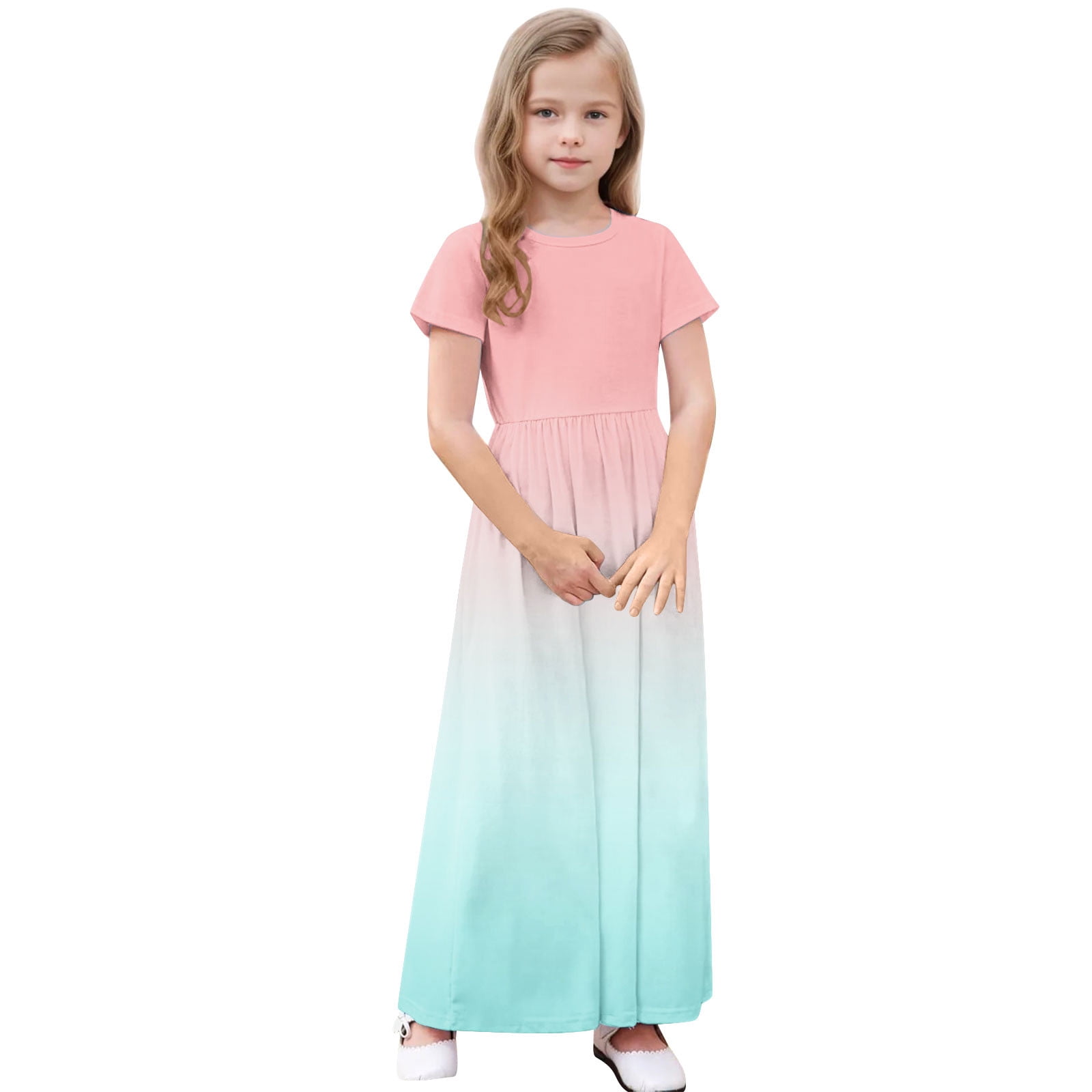 Short Sleeve Dresses for Girls with Pockets 4-14Y Teens Kids Trendy Crew Neck High Waisted Gradient Printed Beach A-Line Maxi Dress