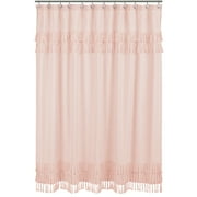 Sweet Jojo Designs Pink Boho Bohemian Bathroom Fabric Bath Shower Curtain - Solid Color Blush Shabby Chic Luxurious Luxury Elegant Vintage Designer Boutique Tassel Fringe