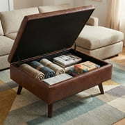 Simpli Home Owen Faux Leather Storage Coffee Table Ottoman in Saddle Brown