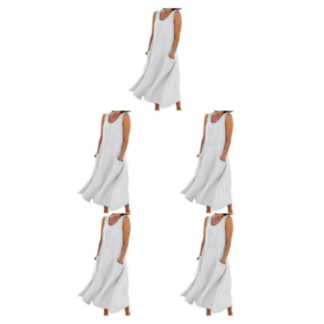pitrice Femmes Été Coton Lin Robe Sans Manches Col Rond Boho Vintage Style Plage Couleur Unie en Vrac Kaftan Porter Tous les Jours Blanc / L 5Set