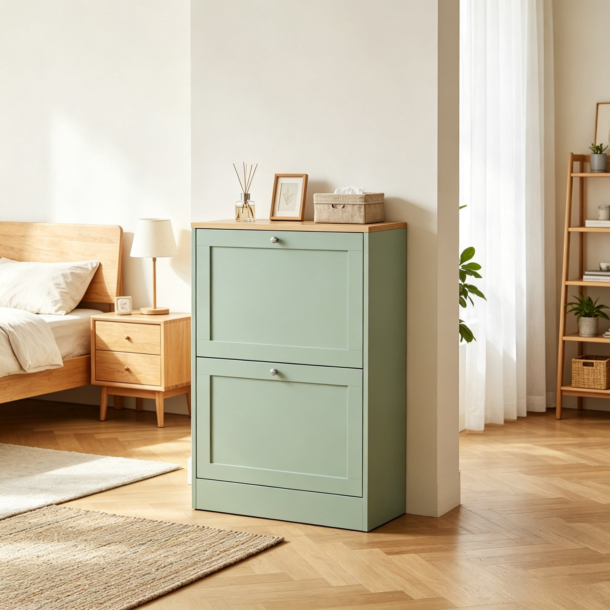 Slim Shoe Storage Cabinet, 2 Flip Drawers & Adjustable Shelves, Holds 8-12 Pairs, Green