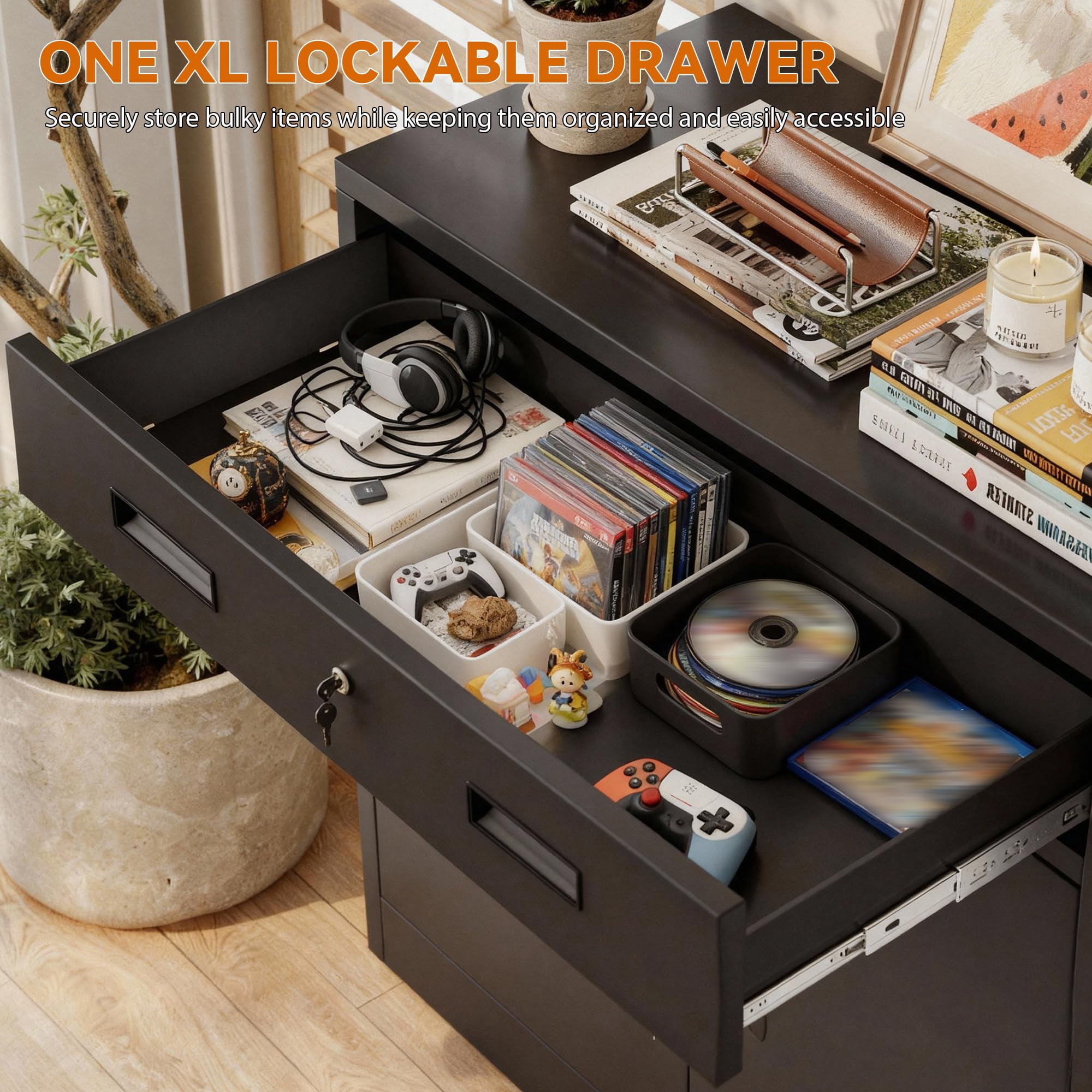 BESFUR Metal Garage Storage Cabinet with 2 Doors and 2 Drawers, Locking Stoage Cabinet for Garage, Classroom and Office - Black