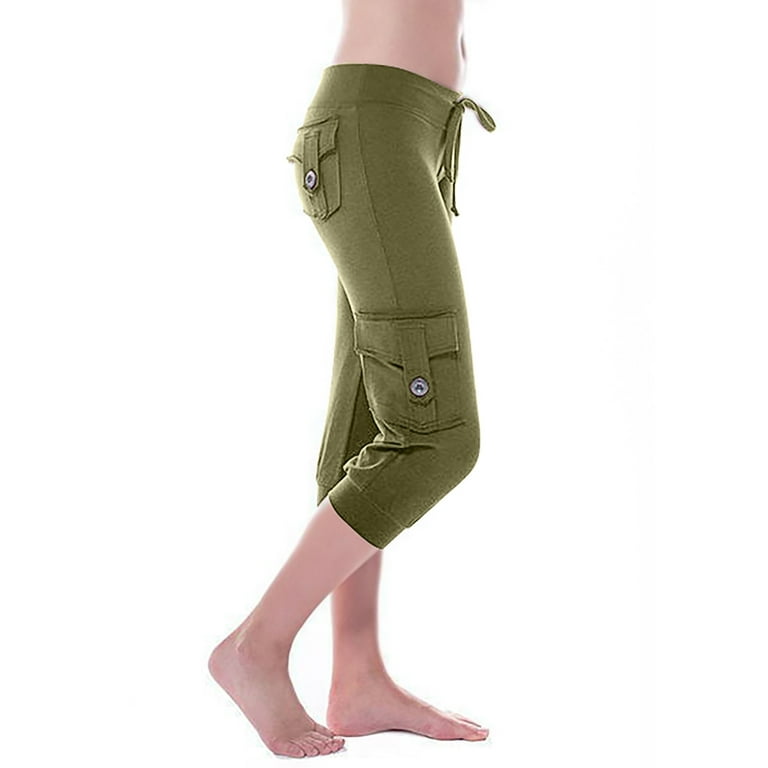 Capri Yoga Pants for Women Plus Size Workout Joggers Cargo Capris  Drawstring Waist Bikers Slacks with Multi Pockets (Medium, Green)