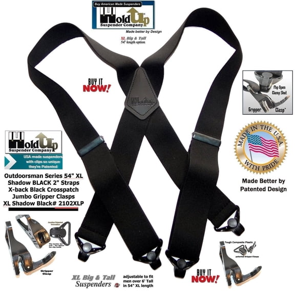 Holdup Brand XL length Shadow Black 2" wide Work Suspenders with black composite plastic Jumbo Black Patented Gripper Clasps