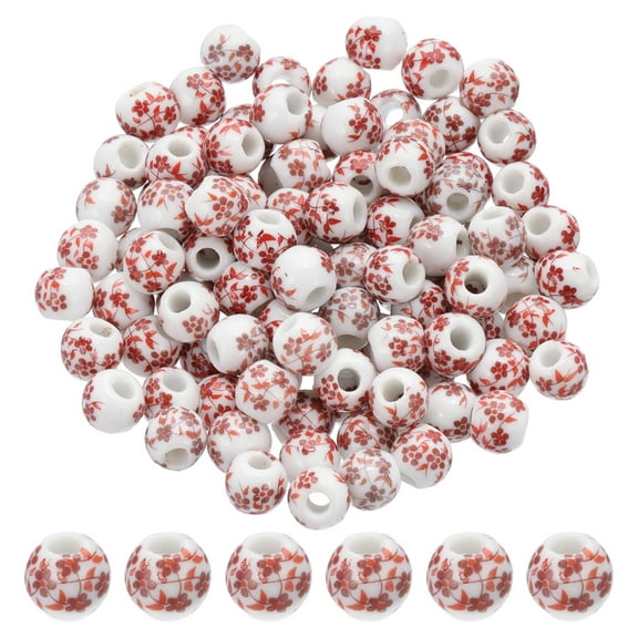 Uxcell 100 Pcs Porcelain Beads, 8mm Printed Ceramic Beads Round Flower Beads Handmade Spacer Beads for Jewelry Making Earring Necklace DIY Crafts, Red