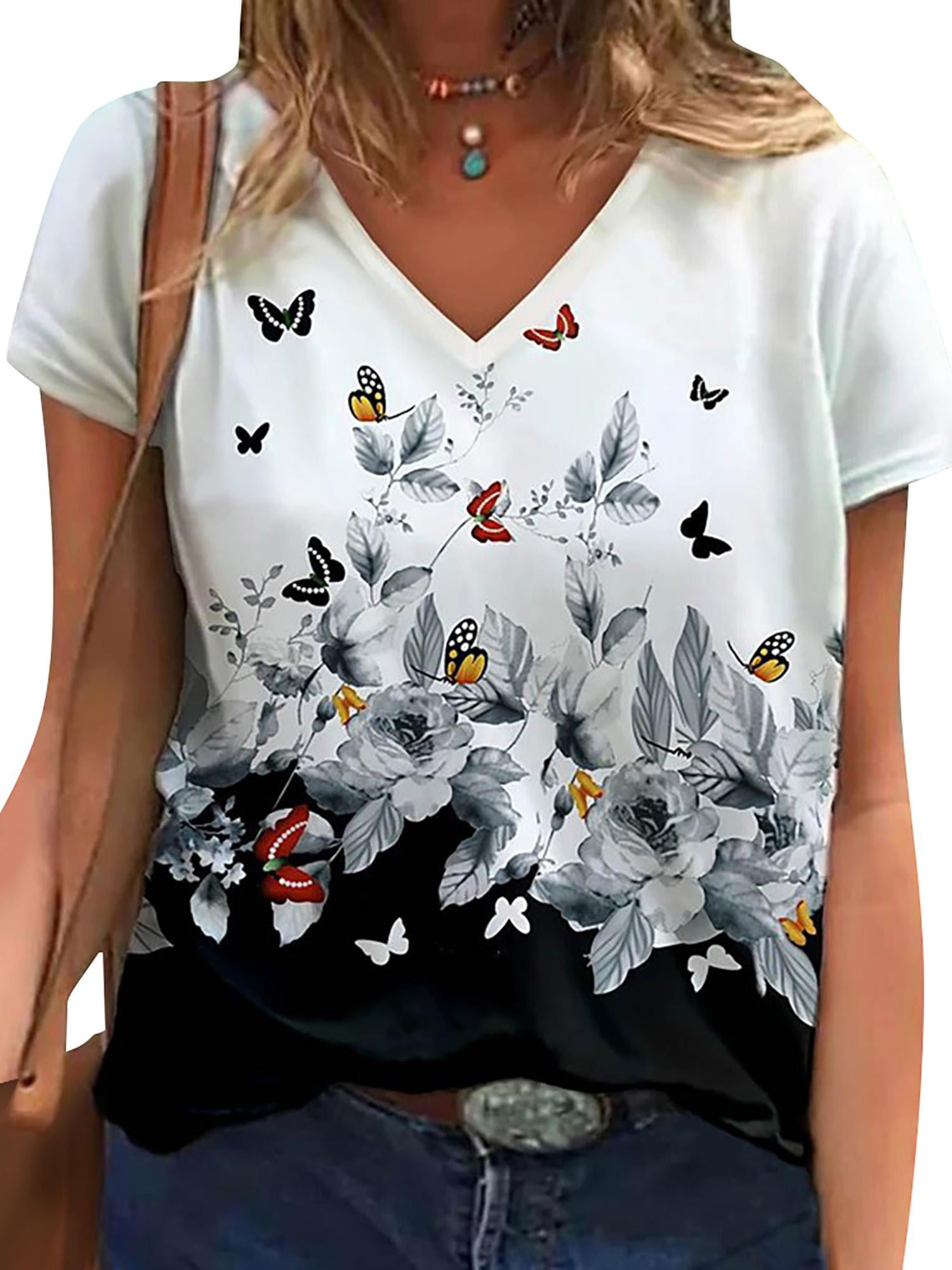 Summer Tops for Women Casual Butterfly Printed T-Shirts Lapel V Neck Tunic Top Zipper Short Sleeve Graphic Tee Blouse