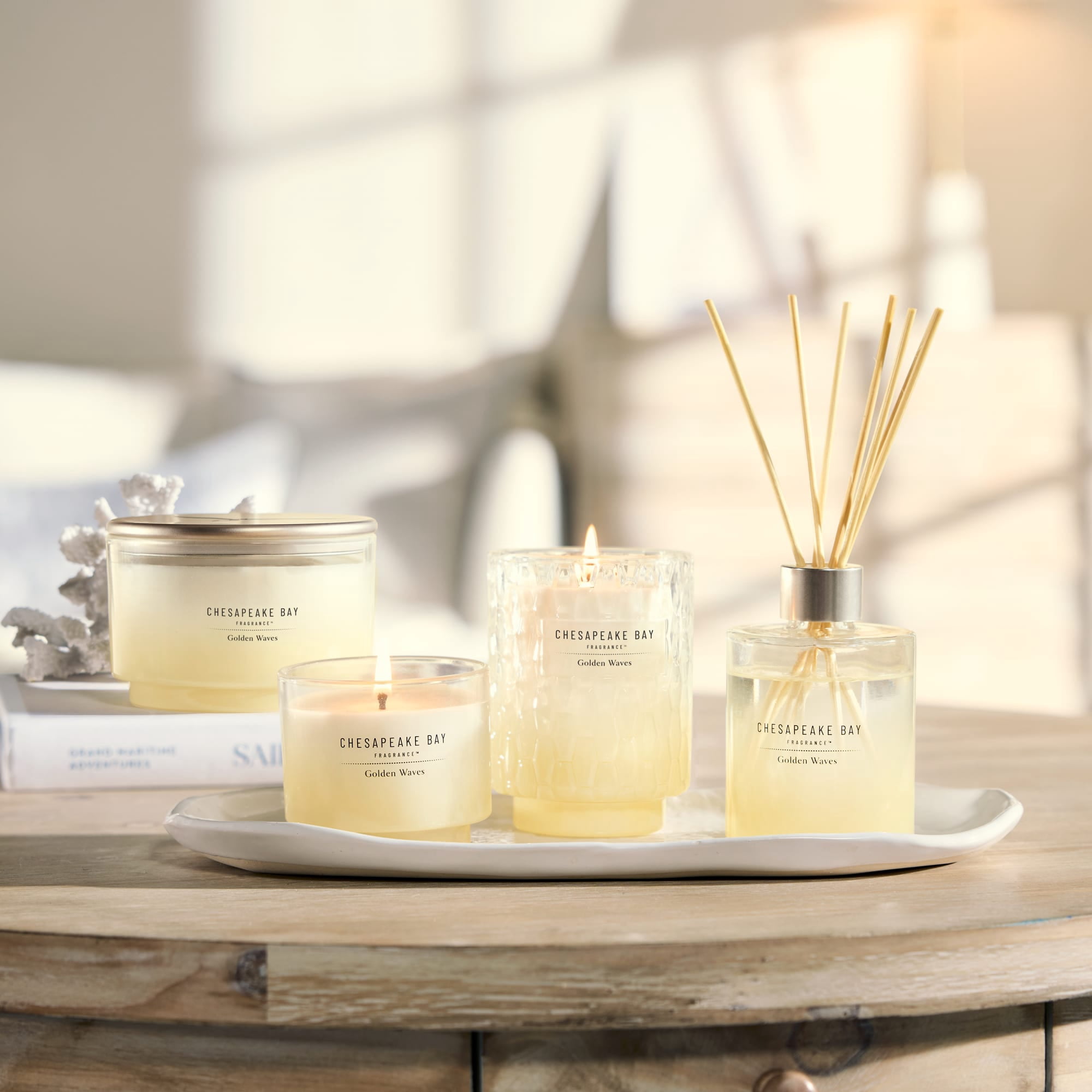 Chesapeake Bay Candle 4.5oz | Golden Waves Scent |Exclusive Mood Evoking Fragrance |Sea Glass-Inspired Jar | Premium Soy Blend Wax with Essential Oils | Coastal Fragrance for Home Décor or Gifting