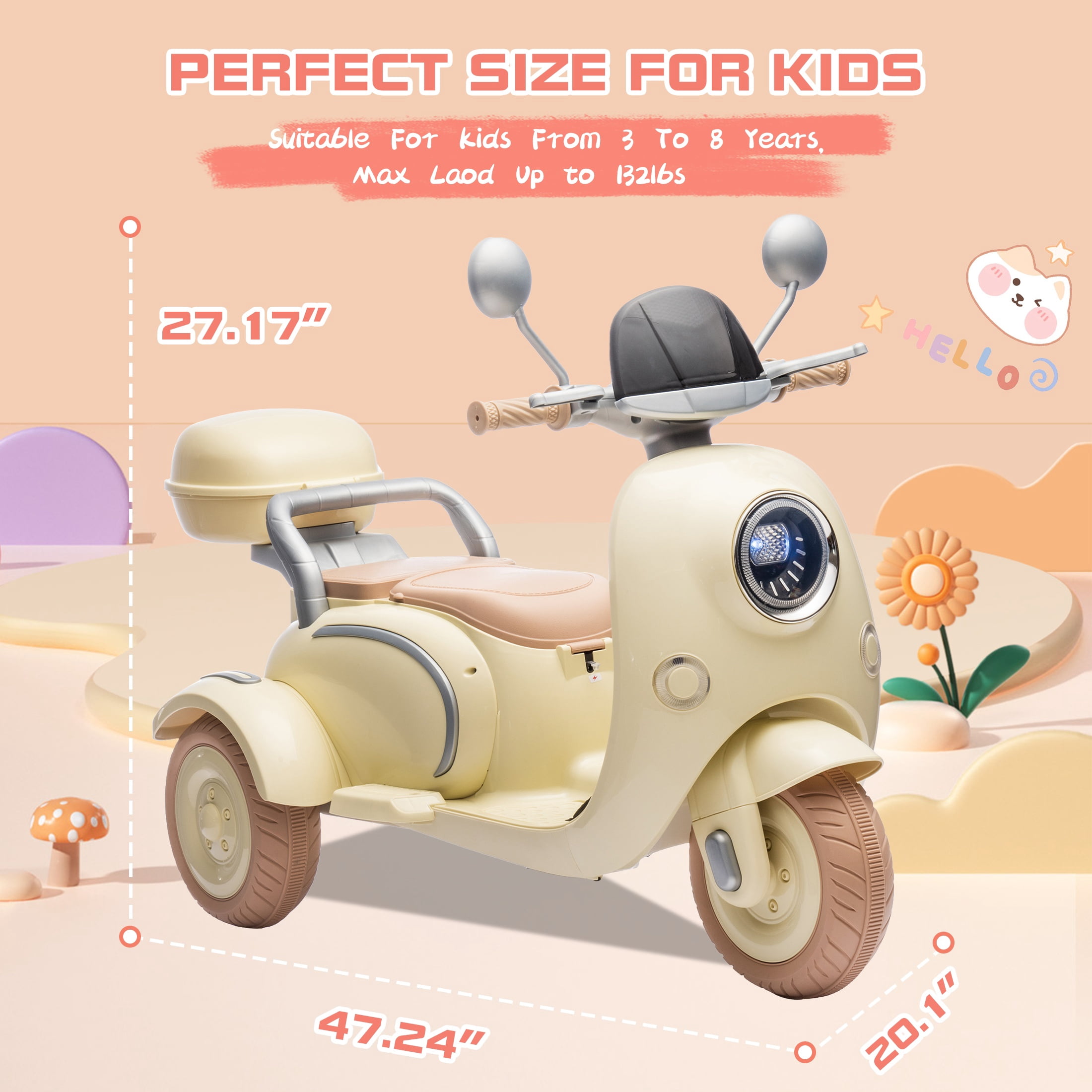 Dvsripa 12V Kids Electric Motorcycle,2 Seater Ride on 3 Wheel Scooter,Multi-function player,USB,Bluetooth,light,Backseat flip adult seat,Oversized Storage Box for kids Aged 3-6,Beige