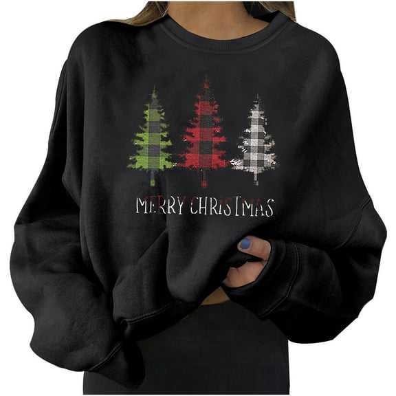 Odeerbi Christmas Crewneck Sweatshirts For Women Spring Autumn 2025 Long Sleeve Printed Sweater Top Black