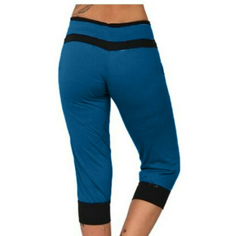 JWZUY Women's Capri Cropped Leggings High Waisted Yoga Pants with  Drawstring Color Block Workout Running Jeggings Tights 1-Dark Blue XX-Large  