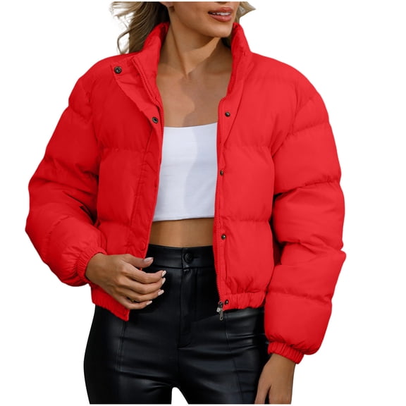 Women's Cropped Puffer Jacket Zip Up Snap Button Stand Collar Lightweight Warm Padded Coat Solid Color Outerwear for Work Daily Wear Fall Winter Casual