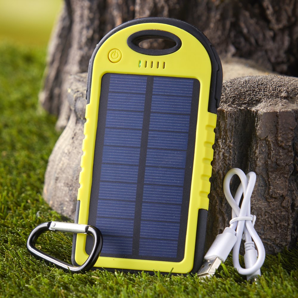 Solar Power Phone and Electronics Charger Bank with Carabiner Yellow