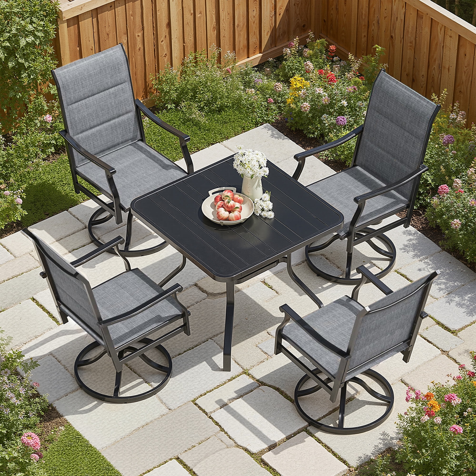 MAYEERTY 2-Piece Outdoor Swivel Dining Chairs with Padded Textilene Fabric for Backyard & Patio, Gray