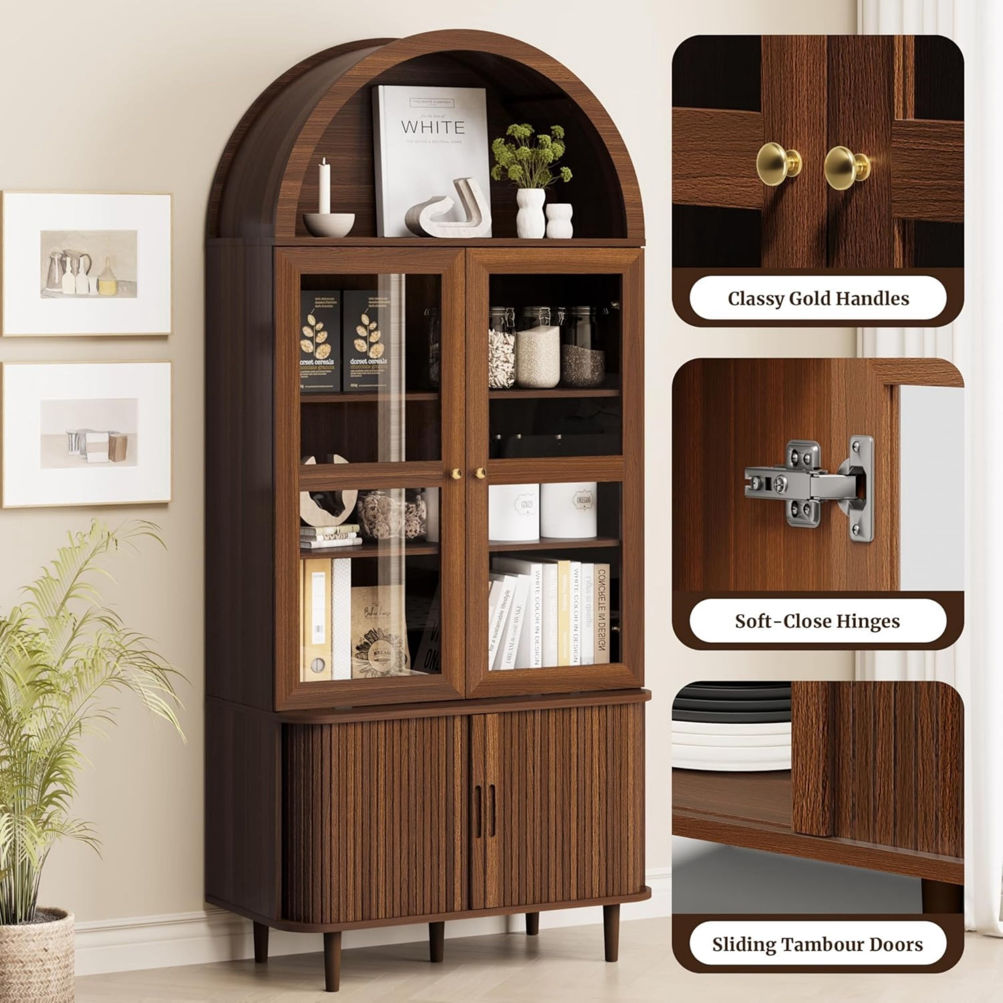 71 Inch Arched Cabinet with Glass Sliding Doors, Fluted Tall Pantry Cabinet with Adjustable Shelves, Walnut