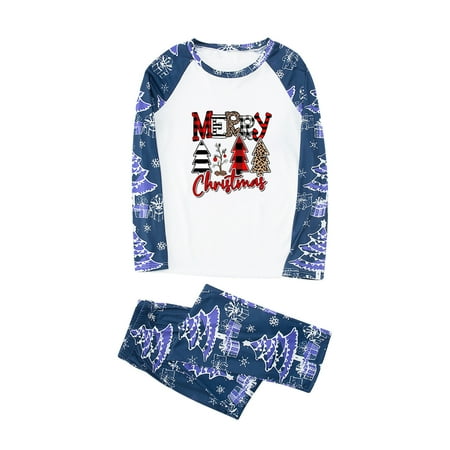 

Honeeladyy Parent-child Warm Christmas Set Printed Home Wear Pajamas Two-piece Mom Set Blue Clearance under 5$