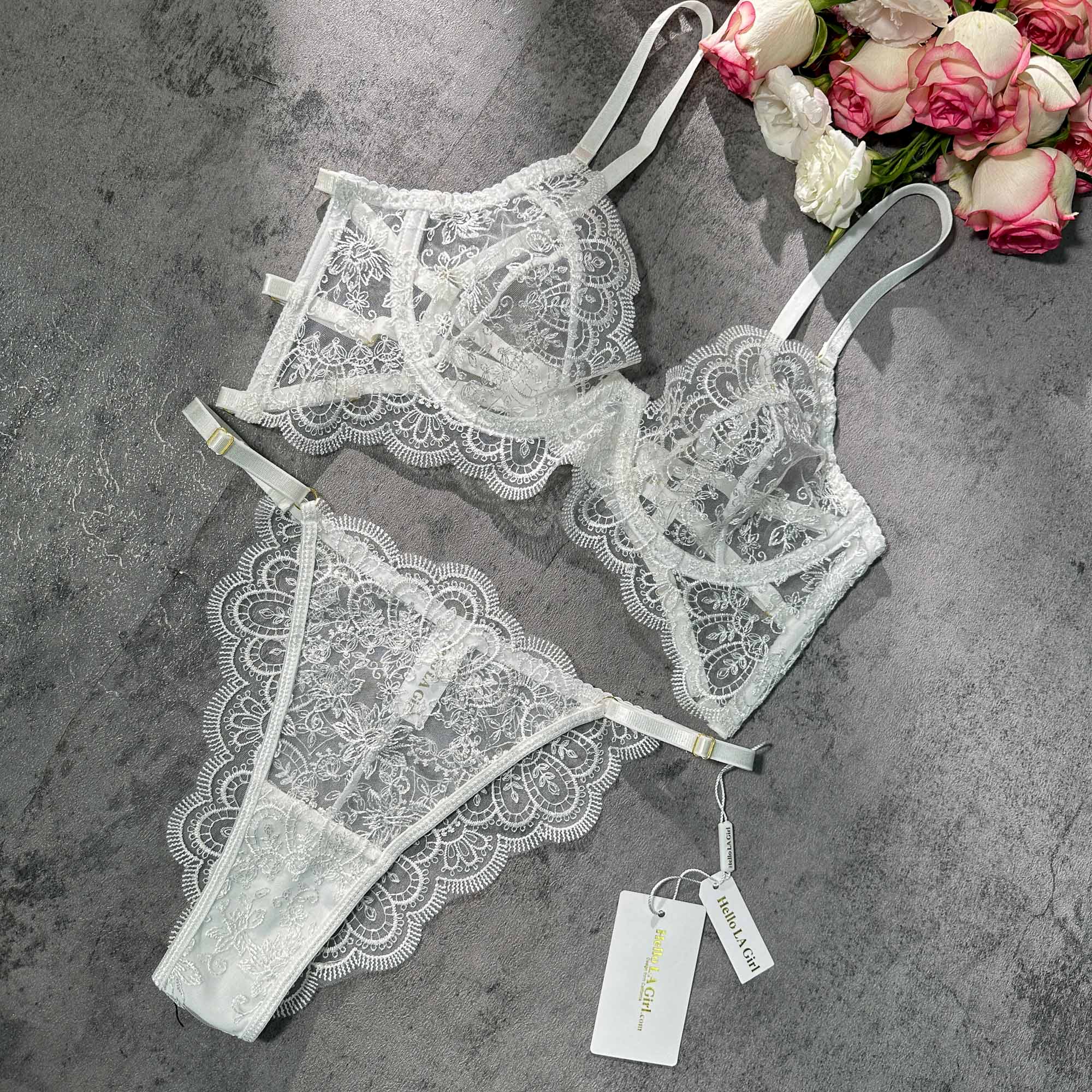 White Exquisite Lace Lingerie Set (WHITE, 2XL)