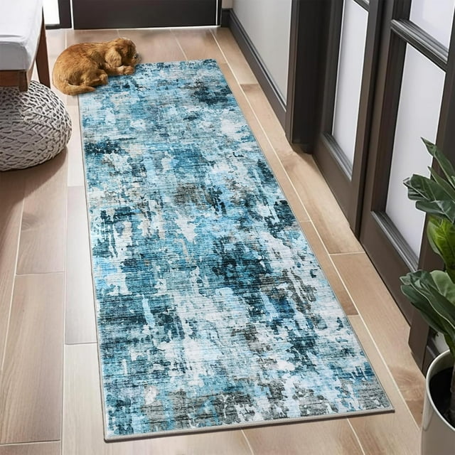 Vintage Abstract Runner Rug 2x6 Machine Washable Low Pile Boho Kitchen Rugs Low Pile Ultra Soft Foldable Long Rug Runners for Hallways Laundry Room Bathroom, Blue