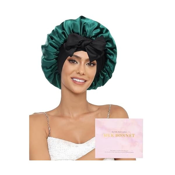 wonima11 100% Mulberry Silk Bonnet for Sleeping Women Double Layer Silk Hair Bonnet Natural Silk Sleep Cap with Elastic Reversible Hair Wrap (Black+Green)