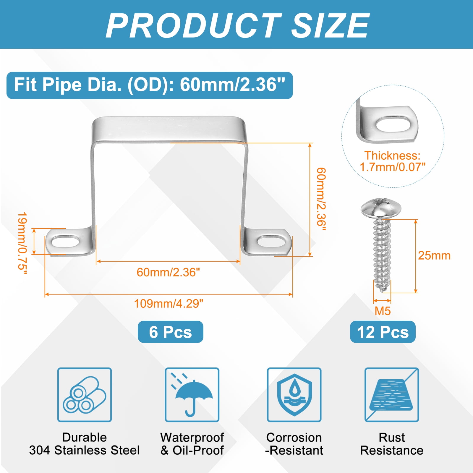 Uxcell 6pcs 2-3/8" x 2-3/8" Square Pipe Clamp, 304 Stainless Steel U Shaped Connector Bracket Heavy Duty Tube Strap Buckle with Self-Tapping Screws for Tube Installation