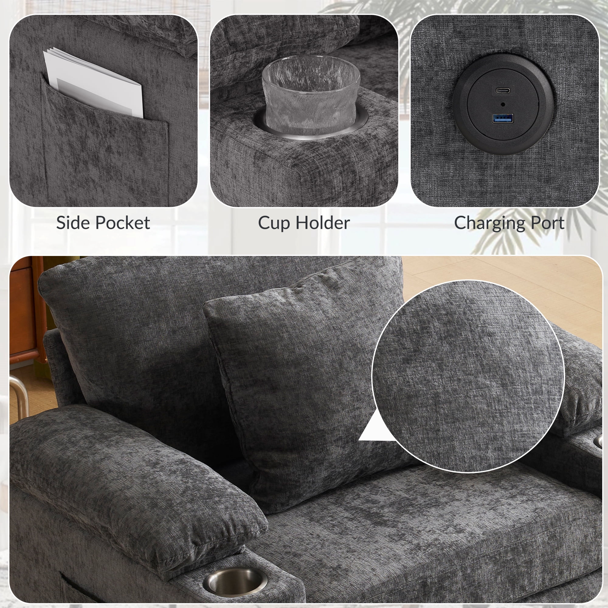 Aukfa 58" Chaise Lounge Oversized Sofa Chair with 2 Cup Holders&USB Ports, Chenille, Dark Gray