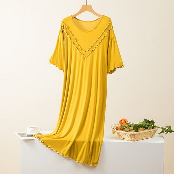 HongQid Women Short Sleeve Long Nightgown Soft Modal Cotton Sleepwear Maxi Nightshirts Loungewear Yellow L