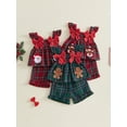 thumbnail image 3 of RUINIXCW Toddler Baby Girl Christmas Outfit Infant Baby Girls Xma Clothes Deer Santa Gingerbread Embroidery Fly Sleeve Plaid Smocked Tops Shorts Set, 3 of 9