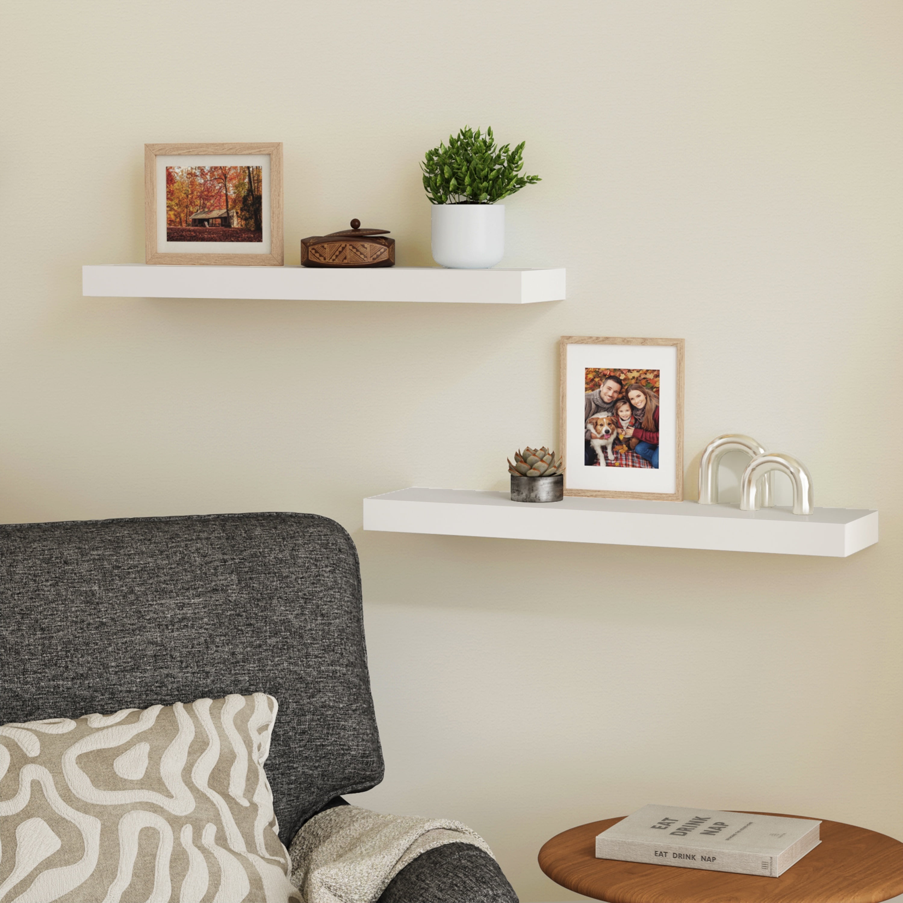 Jouetondream 24X6 White Floating Shelves for Wall, Wood Hanging Shelves up to 20lbs for Bedroom, Bathroom, Kitchen(Set of 2)